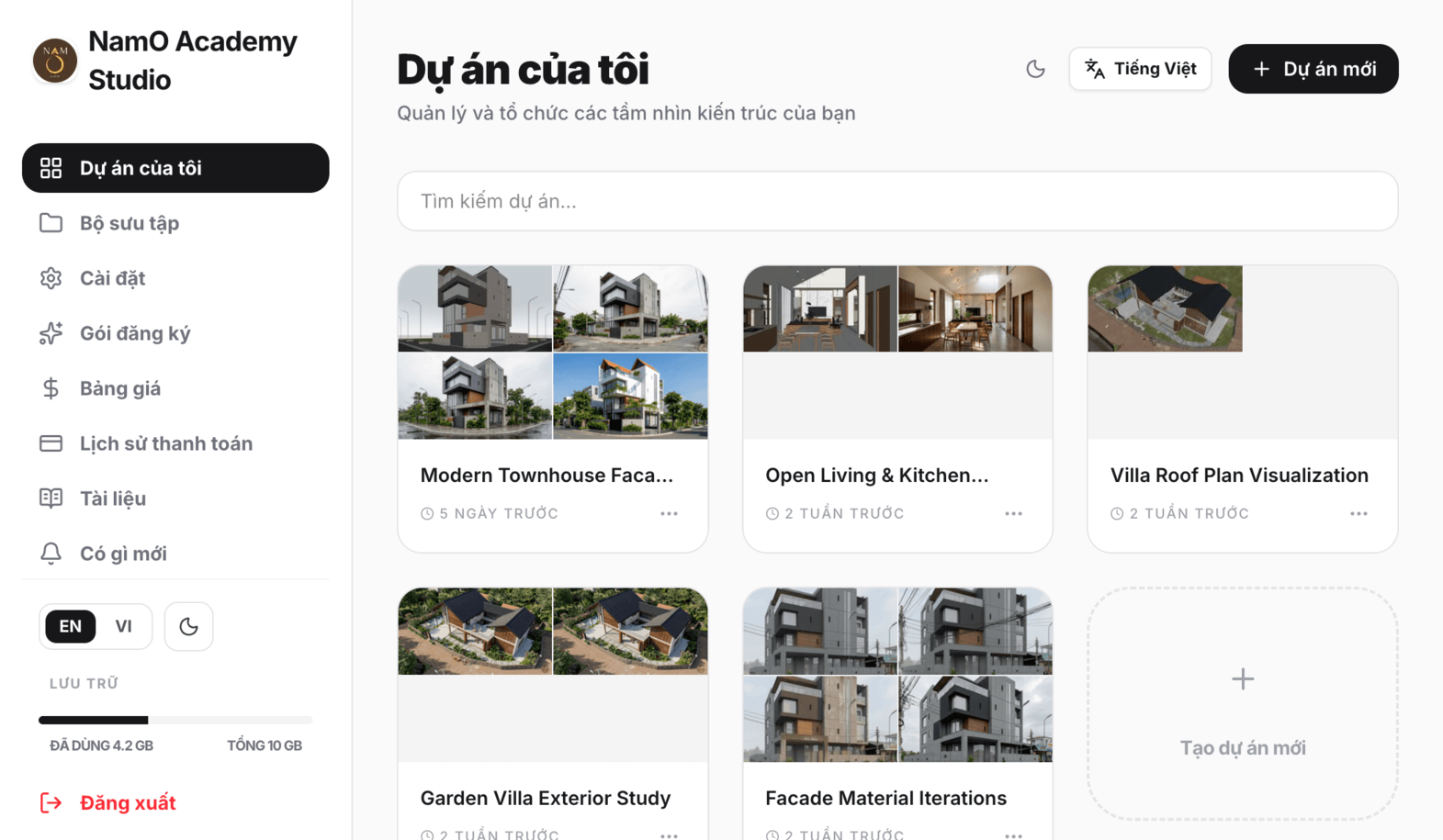 Tổng quan app: bảng điều khiển dự án và bảng làm việc